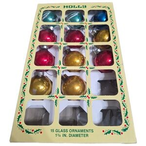 Vintage Holly Glass Christmas Ornaments 1 1/4 in Box of 15 Holiday Decor